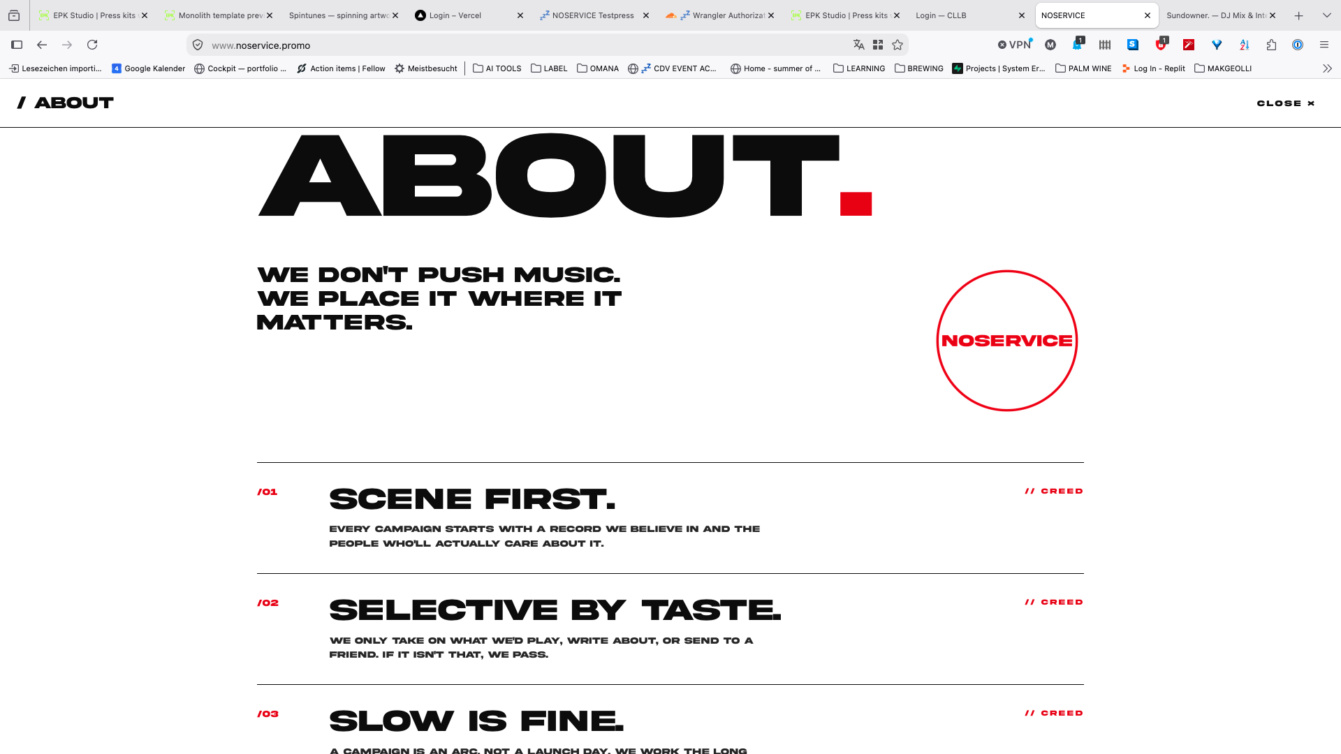 The live NOSERVICE About page showing its bold black typography, red identity details, principles, and circular wordmark.