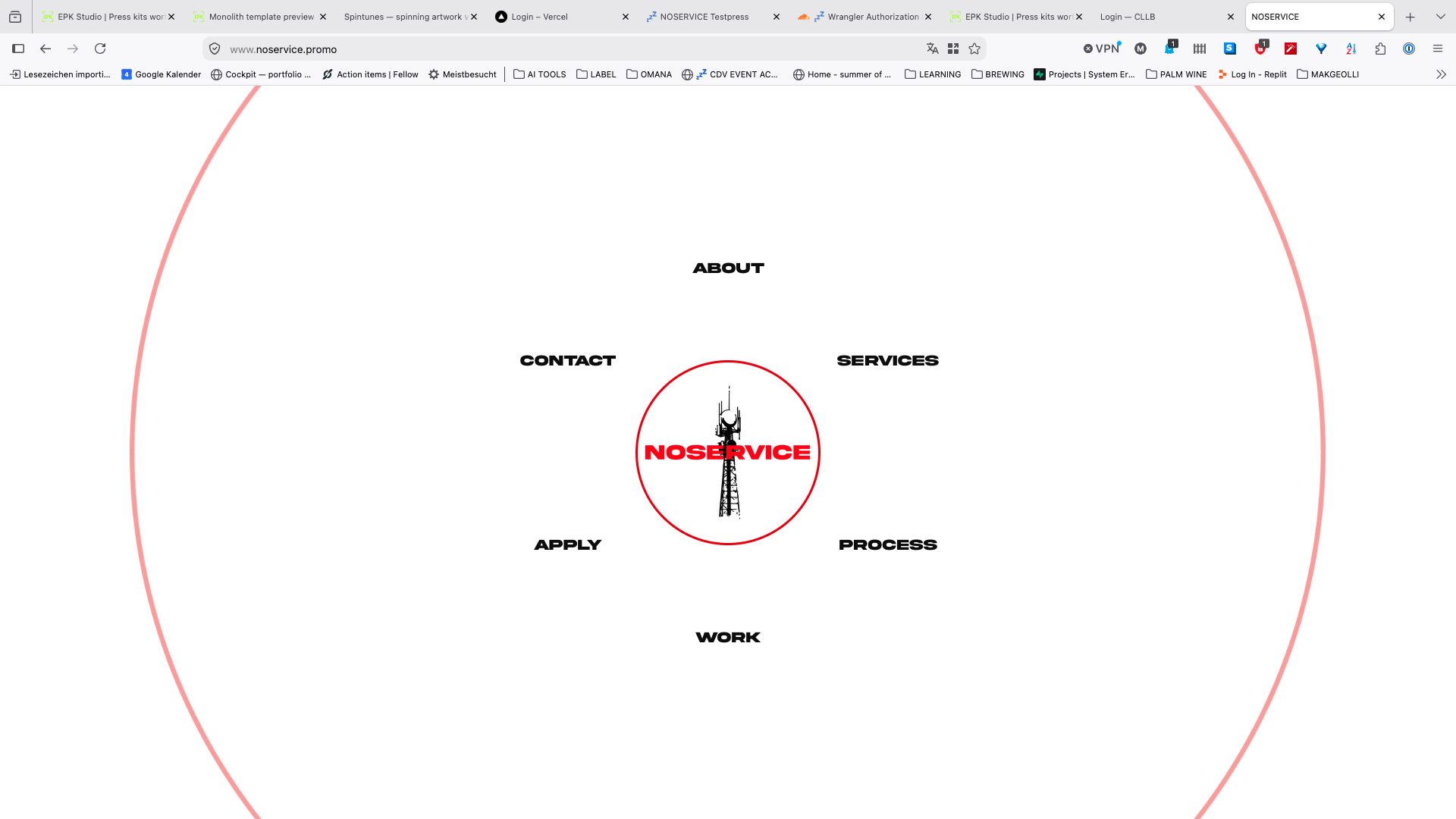 The live NOSERVICE homepage showing its white circular navigation, central transmission-tower mark, and red NOSERVICE wordmark.