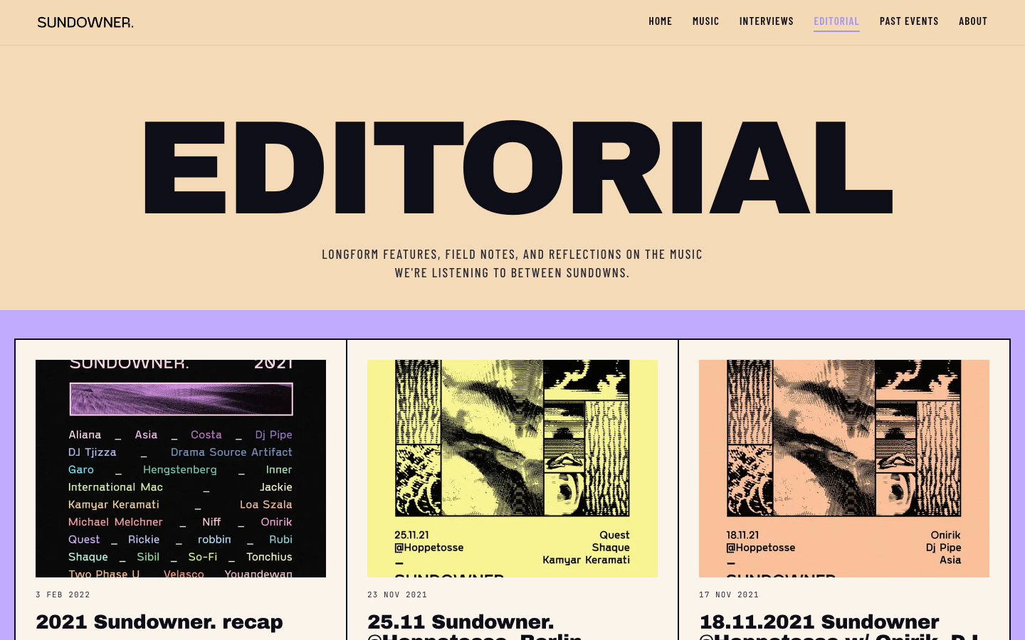 The live Sundowner editorial archive with an oversized Editorial heading and a grid of colorful feature cards.