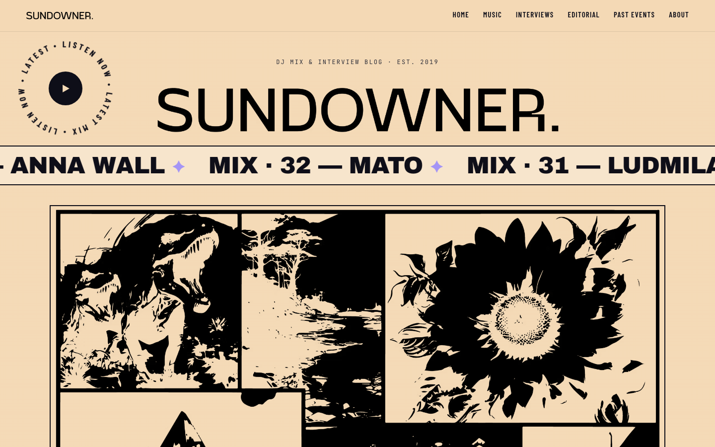 The live Sundowner homepage with a warm beige palette, oversized wordmark, mix ticker, and monochrome editorial illustration.