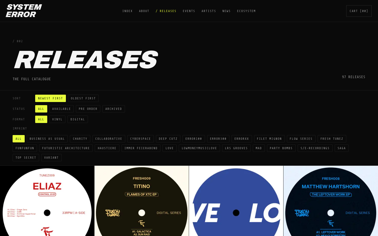 The live System Error release catalogue with filtering controls and rows of circular vinyl-label cover artwork.