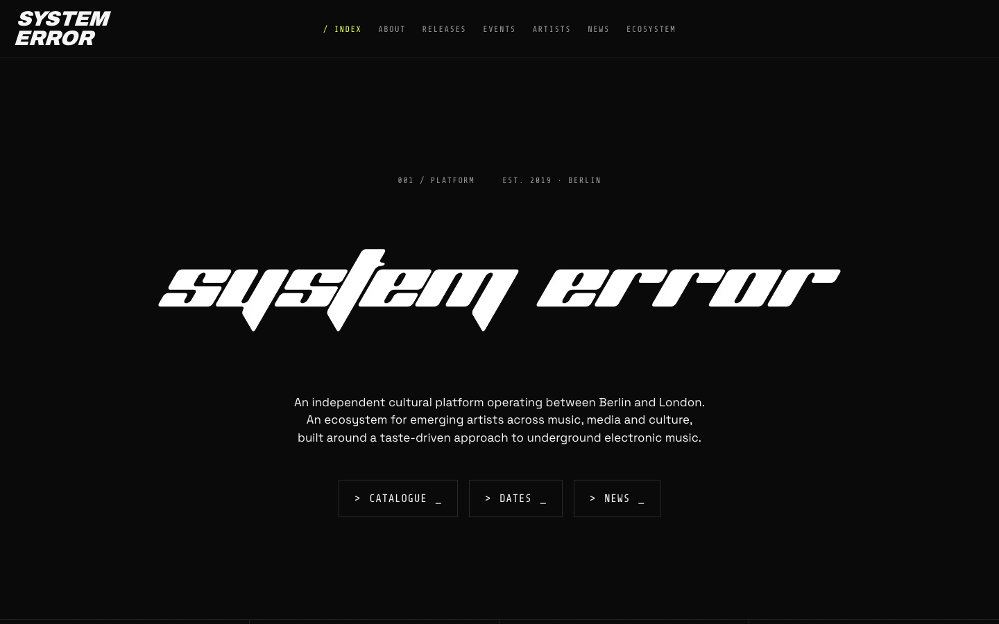 The live System Error homepage, showing its black interface, white wordmark, navigation, and acid-yellow accents.